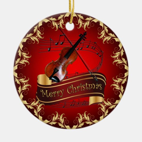 Violin  Musical Scroll  Merry Christmas     Ceramic Ornament