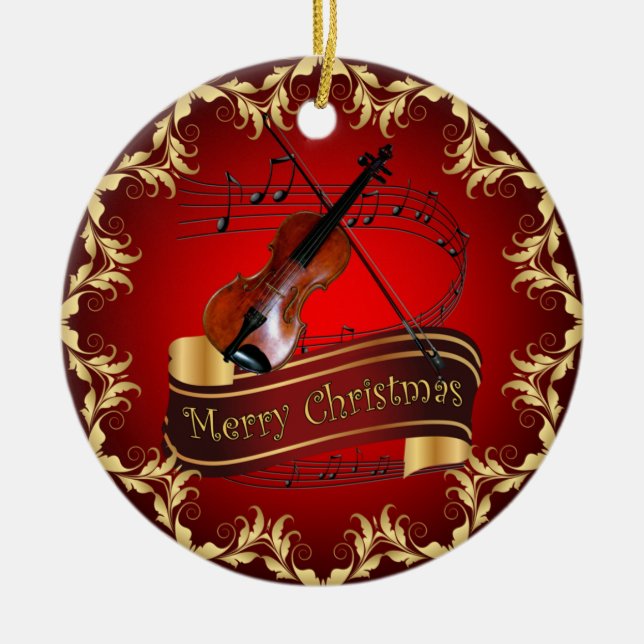 Violin ~ Musical Scroll ~ Merry Christmas ~ * ~  Ceramic Ornament (Front)