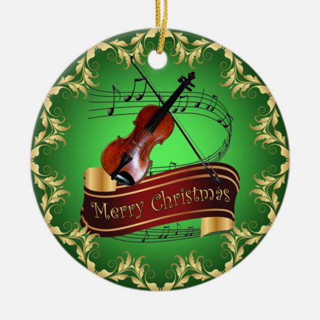 Violin ~ Musical Scroll ~ Merry Christmas ~ * ~  Ceramic Ornament (Front)