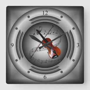 Violin ~ Musical Scroll ~ Silver Speaker ~ A Great Square Wall Clock