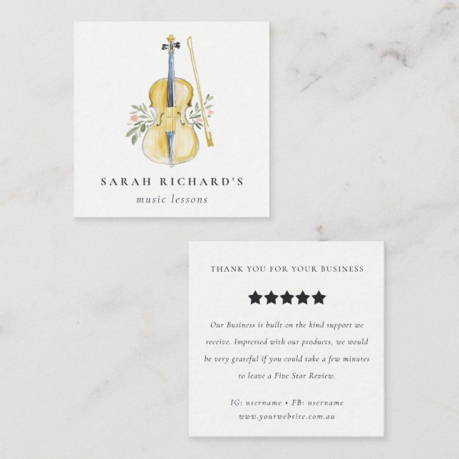 Violin Musician Music Teacher Review Request Square Business Card (Front/Back)