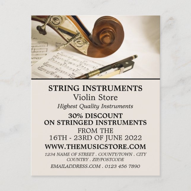 Violin Note Sheet, Musical Instrument Store Flyer (Front)