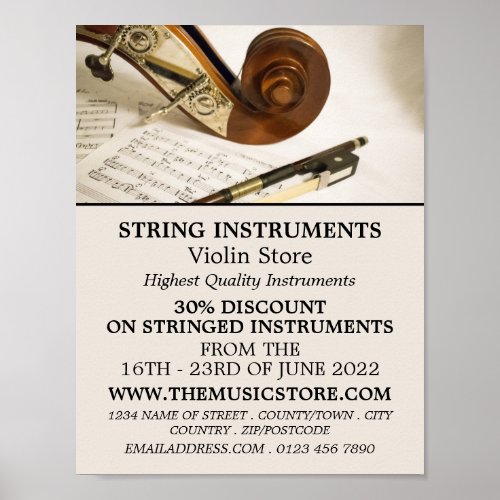 Violin Note Sheet Musical Instrument Store Poster
