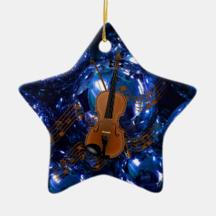 Violin on Christmas Blue Baubles Ceramic Ornament