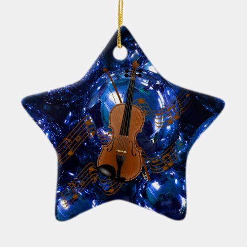 Violin on Christmas Blue Baubles Ceramic Ornament
