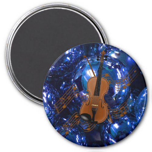 Violin on Christmas Blue Baubles Magnet