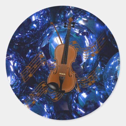 Violin on Colorful Blue Baubles Background Classic Round Sticker