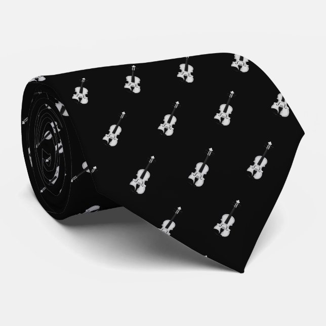 Violin Pattern - Black and White Neck Tie (Rolled)