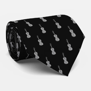 Violin Pattern - Black Silver Gray Grey White Neck Tie