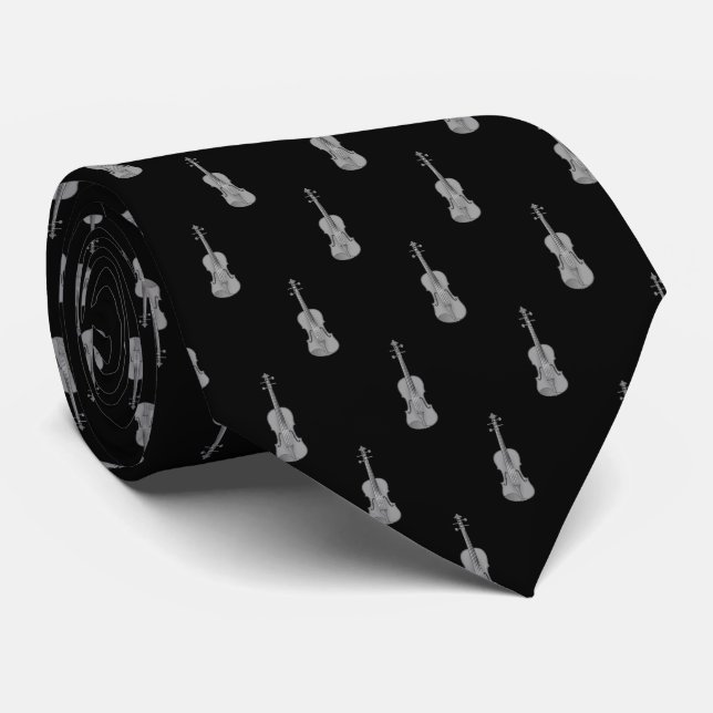 Violin Pattern - Black Silver Gray Grey White  Neck Tie (Rolled)
