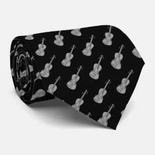 Violin Pattern - Black Silver Gray Grey White Neck Tie