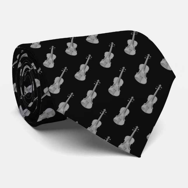 Violin Pattern - Black Silver Gray Grey White  Neck Tie (Rolled)