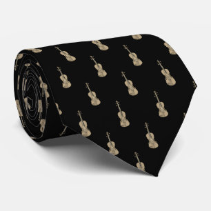 Violin Pattern - Gold on Black Neck Tie