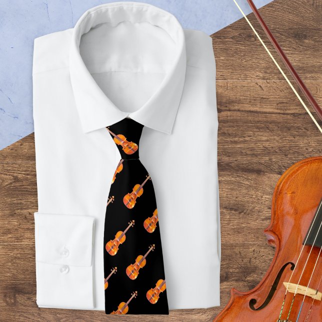 Violin Pattern Musical Instrument Music Lover's Neck Tie (A stylish tie for classical music lovers, with pattern of violins on a black background)