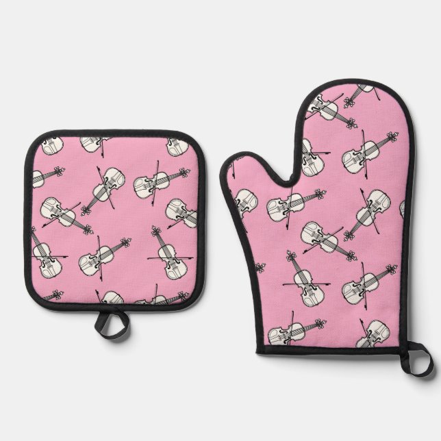 Violin Pattern Oven Mitt & Pot Holder Set (Front)