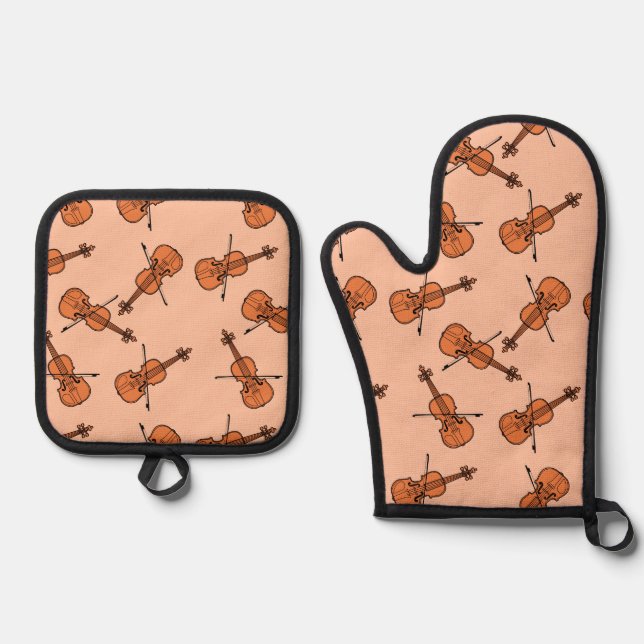 Violin Pattern Oven Mitt & Pot Holder Set (Front)
