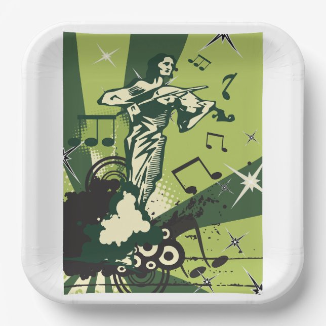 Violin Player Musical Notes Paper Plates (Front)