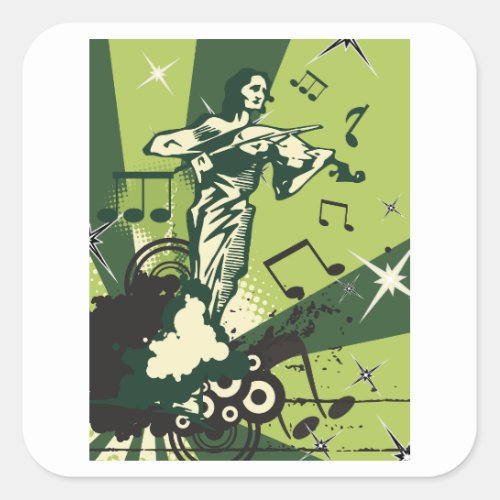 Violin Player Musical Notes Square Sticker