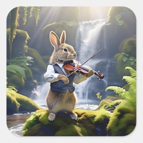 Violin_Playing Rabbit in Beautiful Rainforest Square Sticker