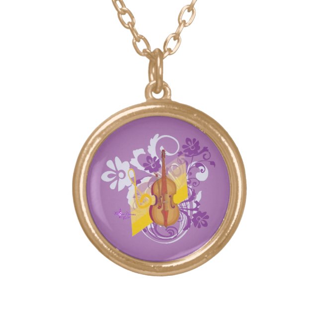 Violin Purple Floral Swirl Gold Finish Necklace (Front)