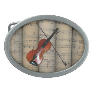 Violin ~ Rolled Sheet Music Background ~ Musical Belt Buckle