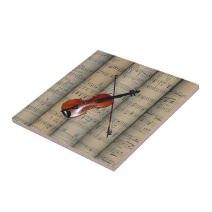 Violin ~ Rolled Sheet Music Background ~ Musical Ceramic Tile
