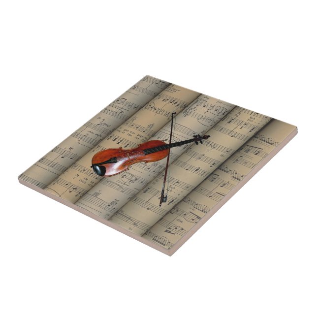Violin ~ Rolled Sheet Music Background ~ Musical Ceramic Tile (Side)
