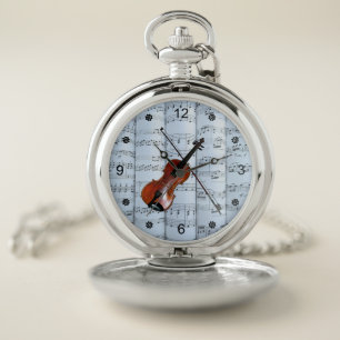 Violin ~ Rolled Sheet Music ~ Blue Tint Background Pocket Watch