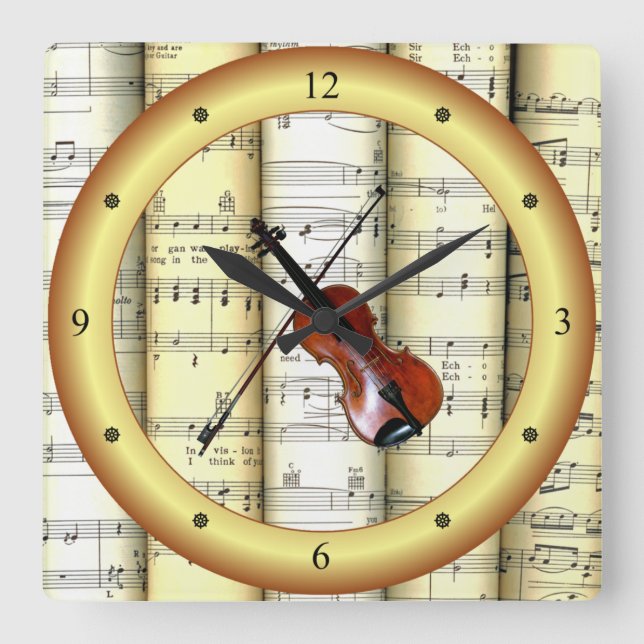 Violin ~ Rolled Sheet Music ~ Gold Ring ~ * ~ Square Wall Clock (Front)
