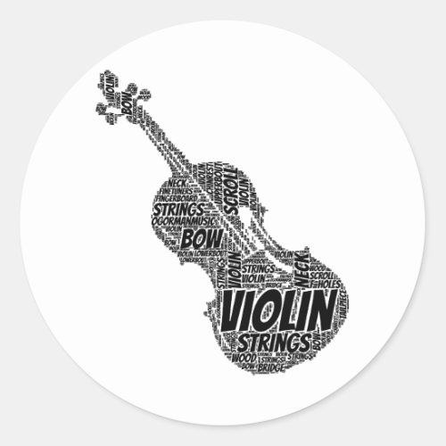 Violin Shaped Word Art Black Text Classic Round Sticker