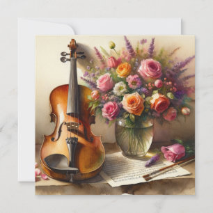 Violin, Sheet Music and a Vase of Flowers