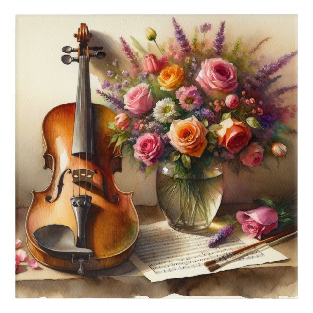 Violin, Sheet Music and a Vase of Flowers  Acrylic Print (Front)