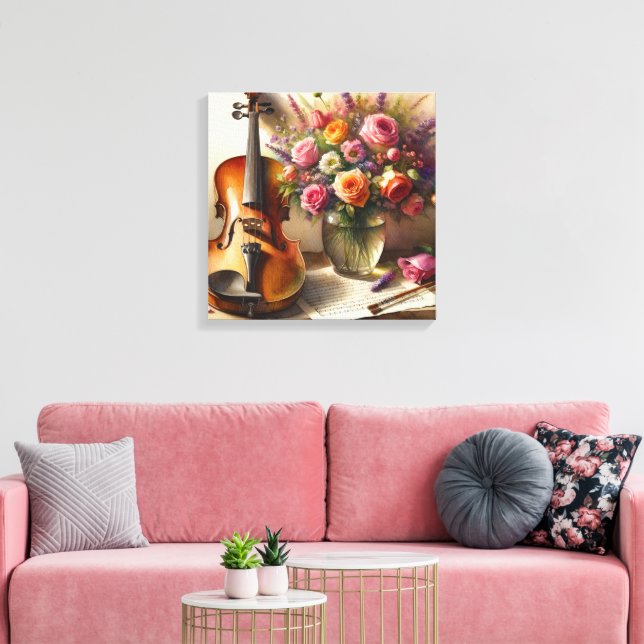 Violin, Sheet Music and a Vase of Flowers  Canvas Print (Insitu(LivingRoom))