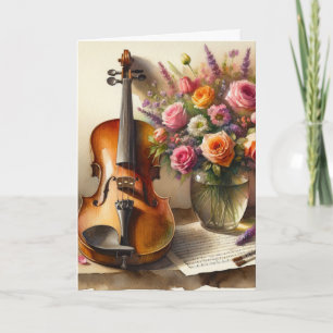 Violin, Sheet Music and a Vase of Flowers Card