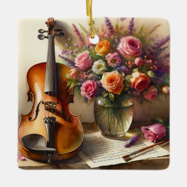 Violin, Sheet Music and a Vase of Flowers  Ceramic Ornament (Front)