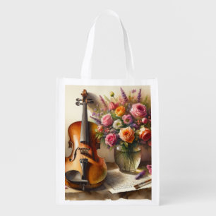 Violin, Sheet Music and a Vase of Flowers Grocery Bag