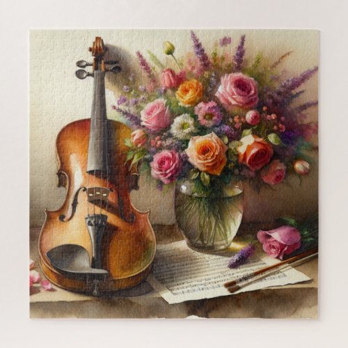 Violin Sheet Music and a Vase of Flowers  Jigsaw Puzzle