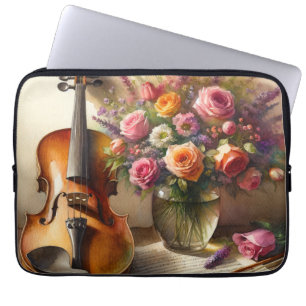 Violin, Sheet Music and a Vase of Flowers Laptop Sleeve