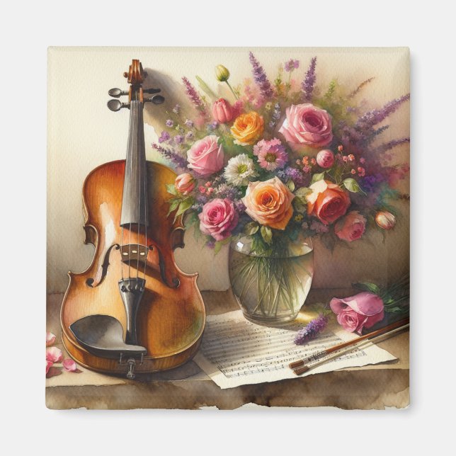 Violin, Sheet Music and a Vase of Flowers  Magnet (Front)