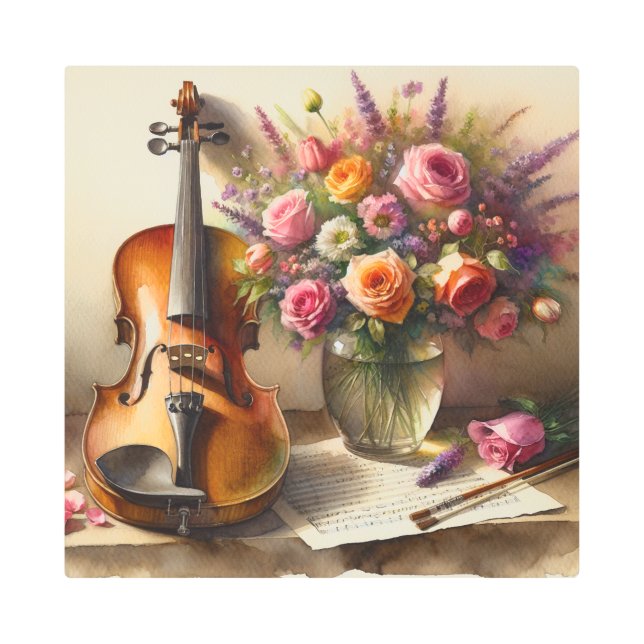 Violin, Sheet Music and a Vase of Flowers  Metal Print (Front)