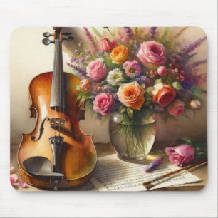 Violin, Sheet Music and a Vase of Flowers Mouse Pad