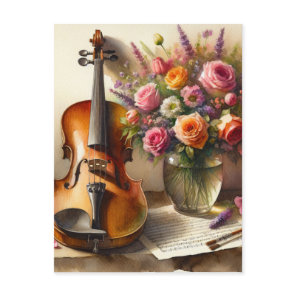 Violin, Sheet Music and a Vase of Flowers  Postcard
