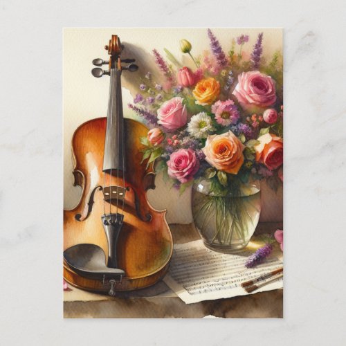 Violin Sheet Music and a Vase of Flowers  Postcard
