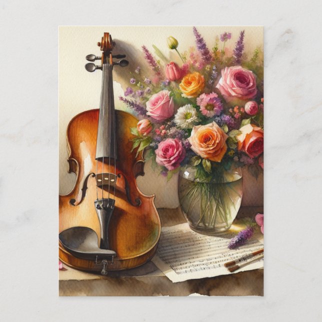 Violin, Sheet Music and a Vase of Flowers  Postcard (Front)