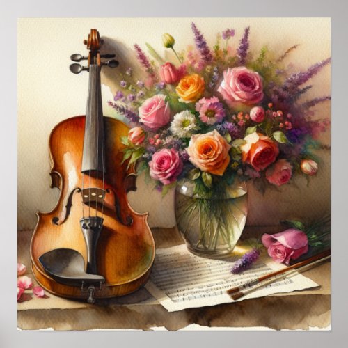 Violin Sheet Music and a Vase of Flowers  Poster