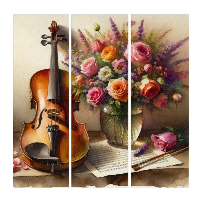 Violin, Sheet Music and a Vase of Flowers  Triptych (Front)