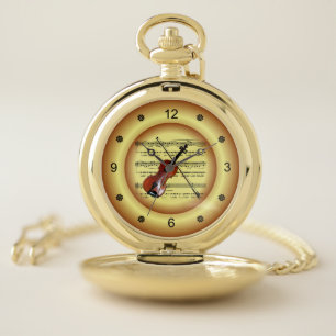 ~ Violin~  Sheet Music ~ Gold Background ~ Large C Pocket Watch