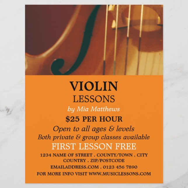 Violin Strings, Violin Lessons Advertising Flyer (Front)