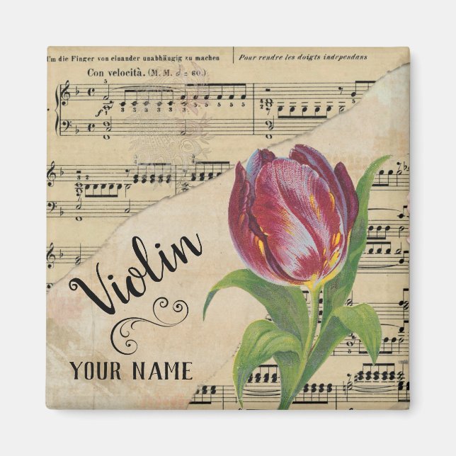 Violin Tulip Vintage Sheet Music Customized Magnet (Front)