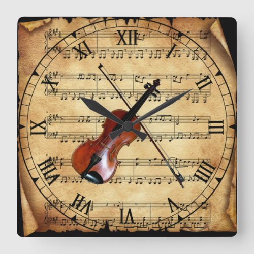 Violin  Vintage Sheet Music Background  Unique  Square Wall Clock